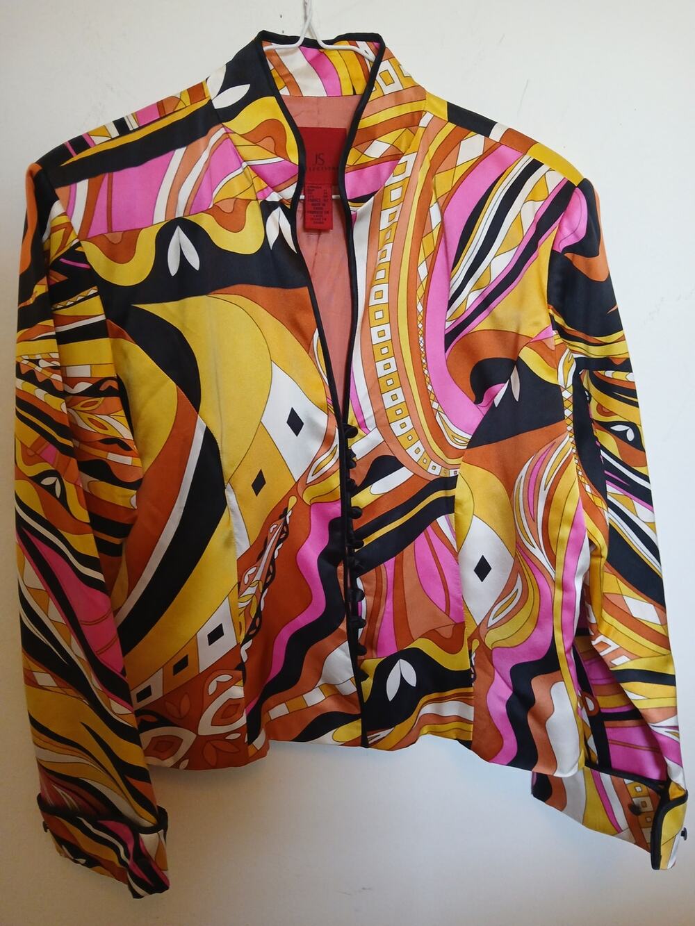 JS COLLECTION Bold Op Art Print Cropped Silk Jacket Sz 12 Cuffed Stand Up Collar